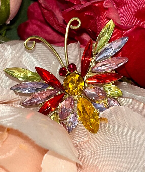 Vintage Butterfly Brooch, Multi Colored Rhinestone