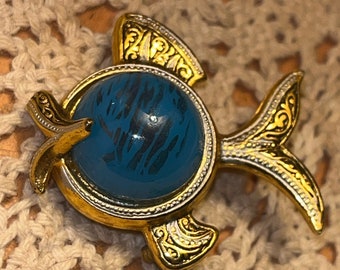 Vintage Damascene Nautical Fish Pin with Blue Cabochon  Belly  Marked SPAIN