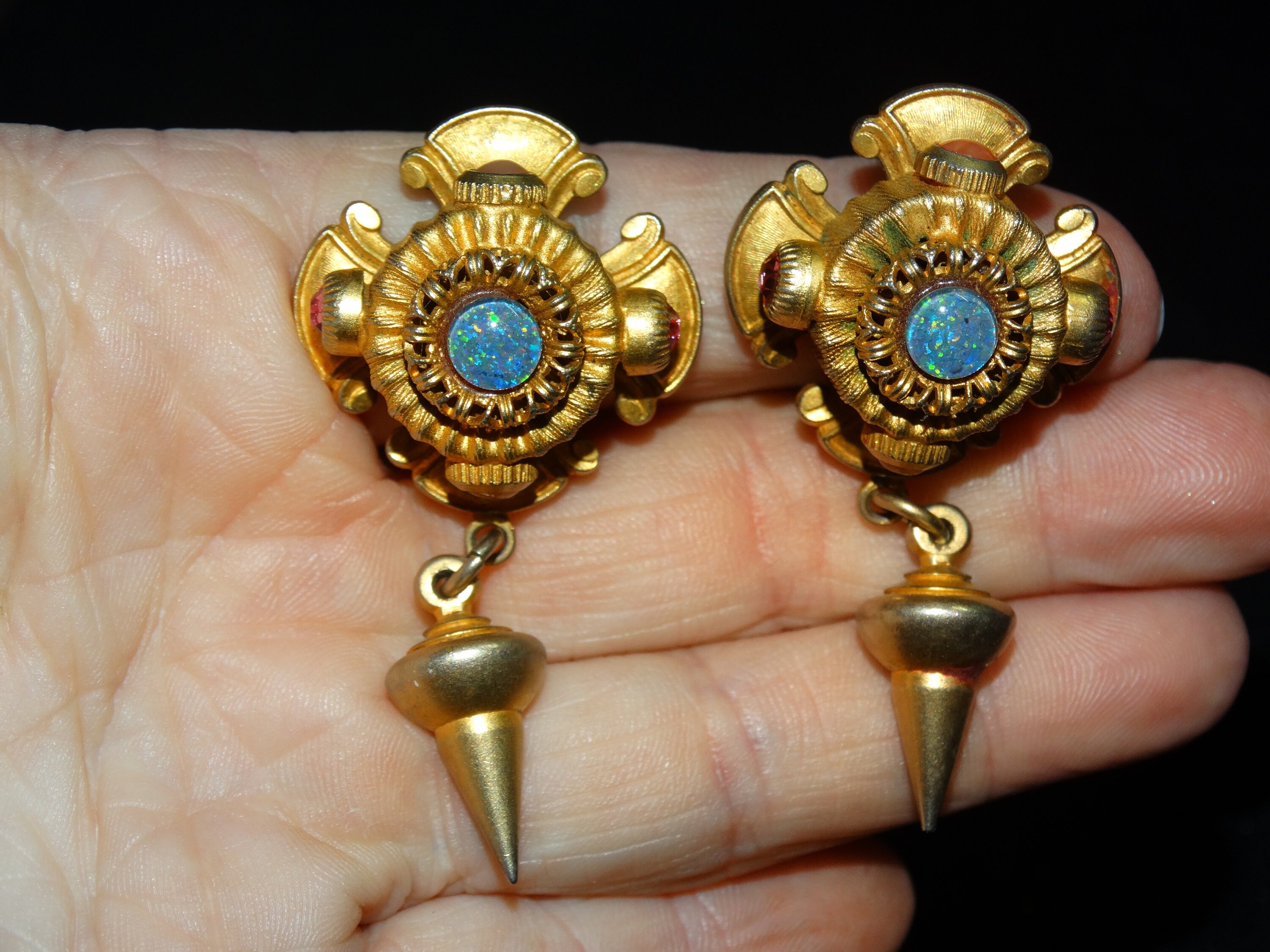 Vintage Natasha Stambouli Clip on Gold Tone Dangle Earrings, Opals 