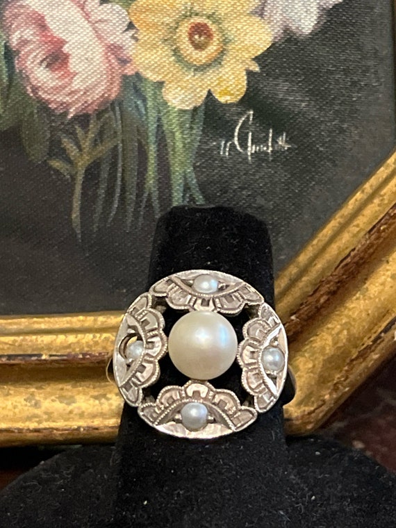 Edwardian Platinum Micro Pearl Ring, Art Deco Styl