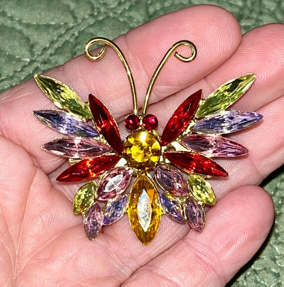 Vintage Butterfly Brooch, Multi Colored Rhineston… - image 5