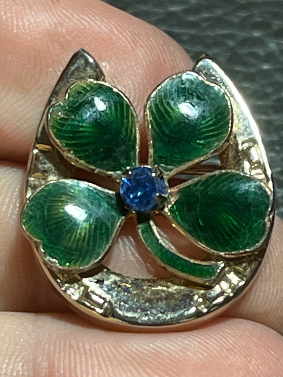 Enamel 4 Leaf Clover Good Luck Brooch Pin, Blue Rh