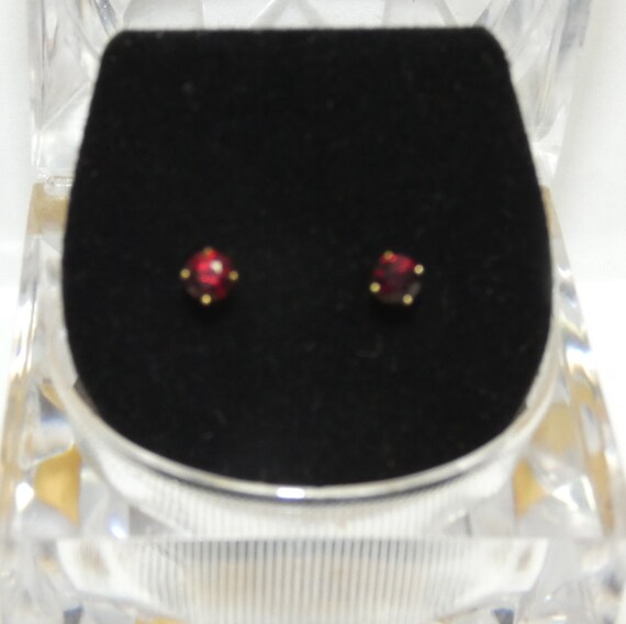 14K Gold Garnet Post Earrings, Deep Red Garnet Co… - image 3