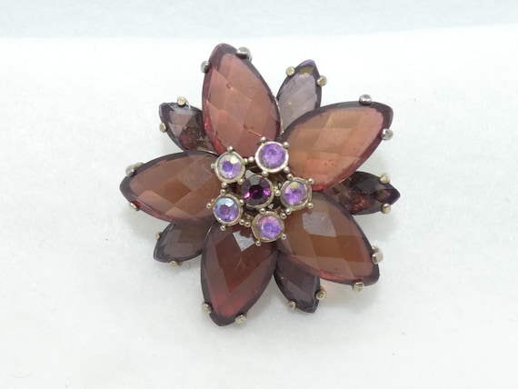 Vintage Purple Glass Flower Brooch, Silver Tone F… - image 2