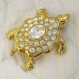 Turtle Pin, Turtle Brooch, Vintage Gold Tone Swarovski Turtle Brooch Miniature, Clear Crystals Pave Glass Rhinestone, Gold Turtle Pin