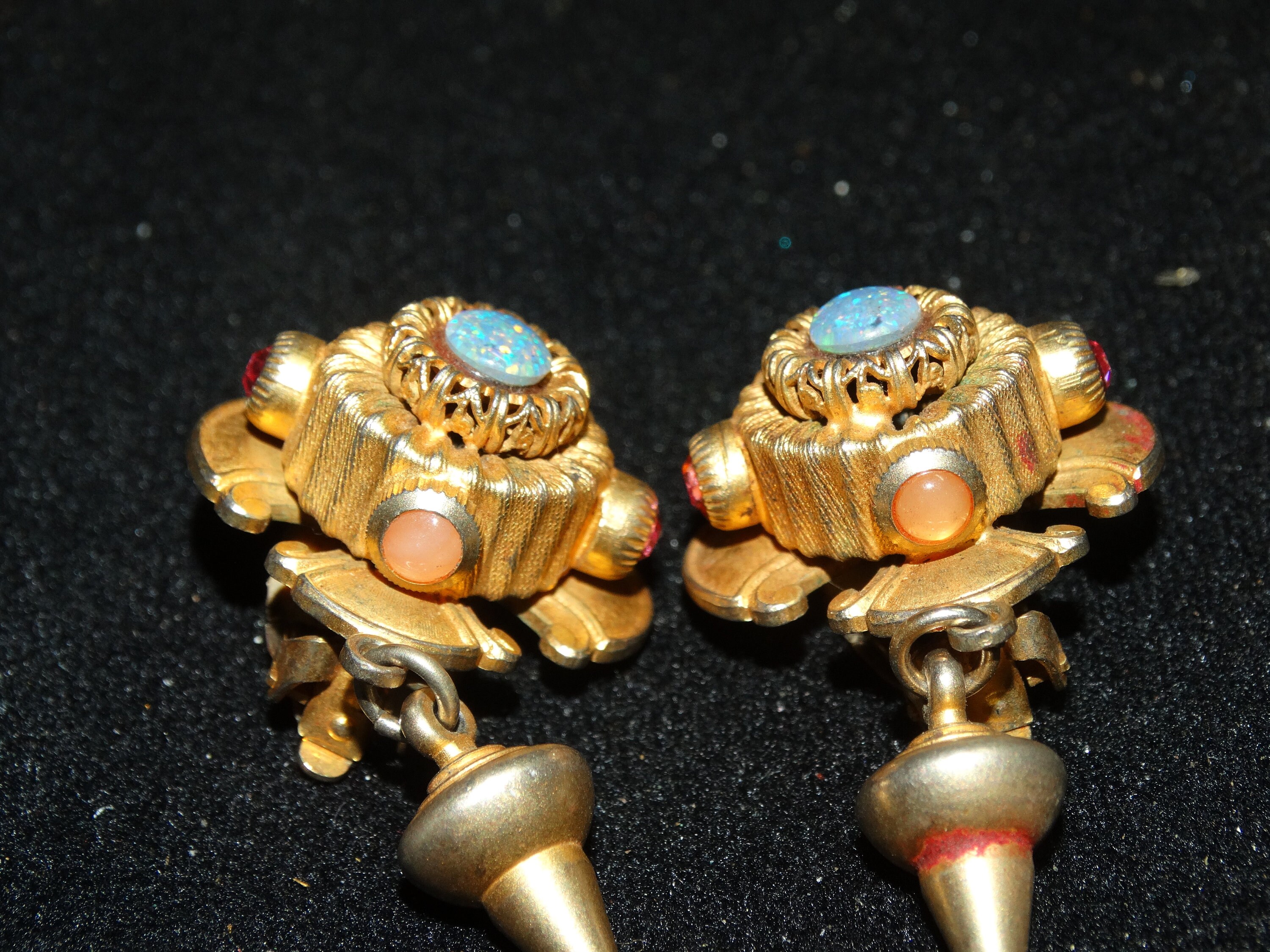 Vintage Natasha Stambouli Clip on Gold Tone Dangle Earrings, Opals 