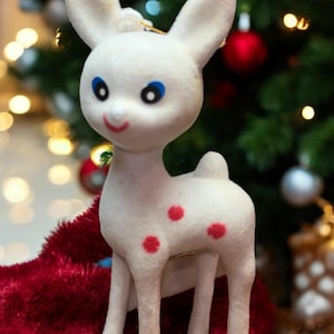 Christmas Reindeer, 1960&#39;s Velvet Covered Flocked Reindeer, Red Polka Dots White Rudolph Reindeer, Doe, Antlers, Christmas Decorations