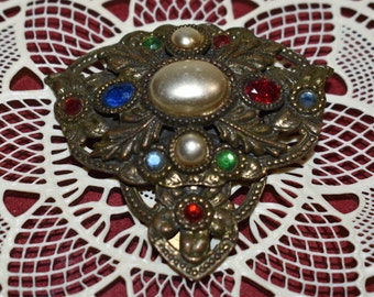 Vintage Victorian Dress Clip Concave Multi-Colored Glass Stones Faux Pearls  & Colored Rhinestones