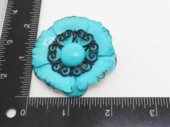 Vintage Brilliant Teal Blue & Black Flower Pin, F… - image 4