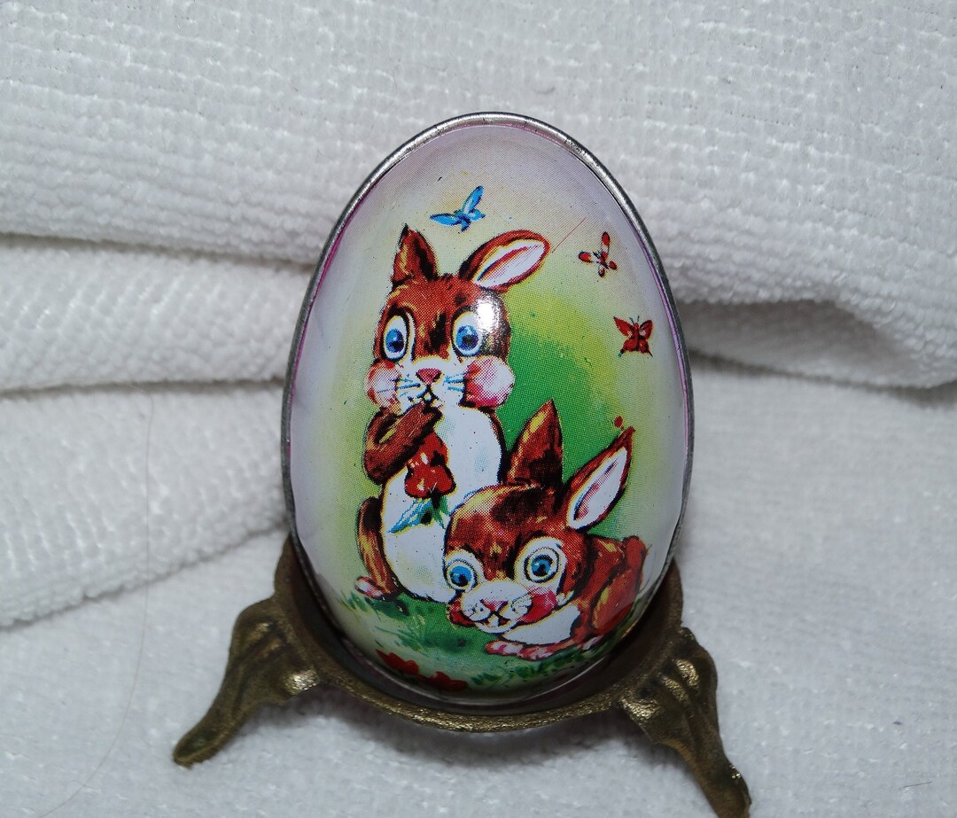 Vintage Tin Easter Egg Lithograph Easter Bunnies Brown Etsy