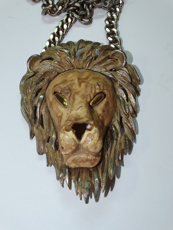 Mod Stylized 3D Lion Pendant Statement Necklace, … - image 1