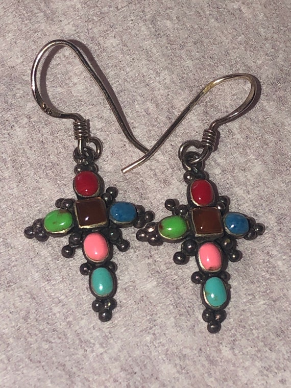 Vintage Turquoise,Coral 925 Sterling Cross Earring