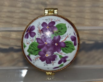 Vintage Purple Violet Porcelain Pill Box Violet Flower Trinket Jewelry Box Hand Painted, Trinket Box, Ring Box