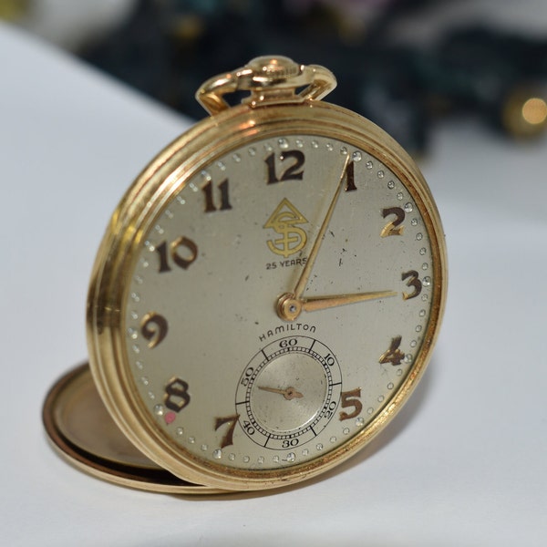 Vintage Hamilton Pocket Watch 14K yellow gold, Not Working, Missing Watch Crystal - 25 Year Service Texas Gulf Sulphur Co.  - J152079