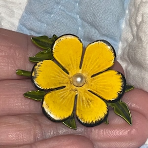 Vintage Enamel Yellow Flower Brooch, Pearl Center, Wedding Jewelry Flower Pin