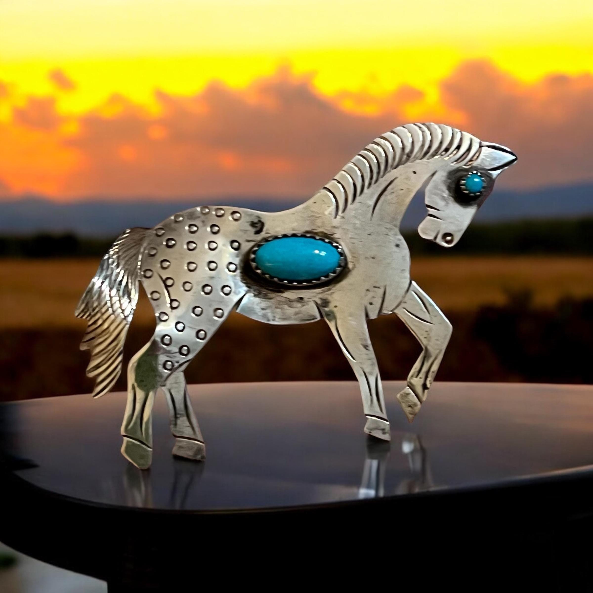 Vintage Native American Sterling Silver Turquoise Horse Brooch - Equestrian Pin - FY Sterling - Frank Yazzie Zuni