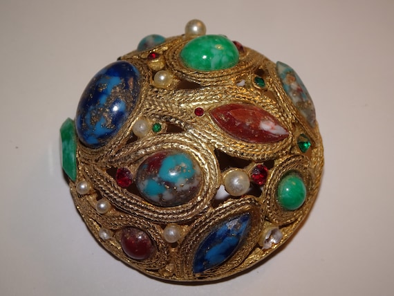 Vintage Oval Gold & Multi-Colored Stoned Brooch, … - image 1