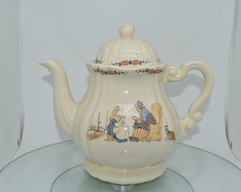 Sarreguemines Enfants Richard Teapot Transferware, France, Grandmother reading a Book to little Girl, Cat