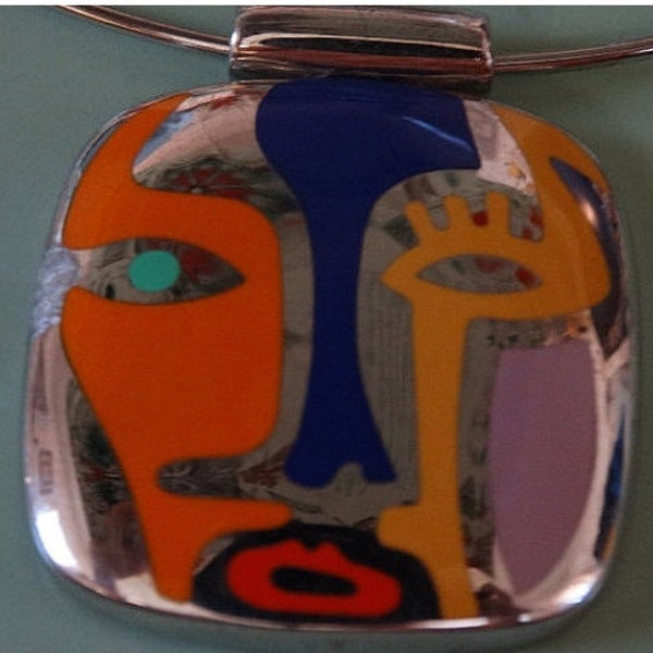 Alessandro Menegatti 925 Sterling Silver Multi-color Picasso Style Slider Pendant Necklace, Italy, Modernist Style