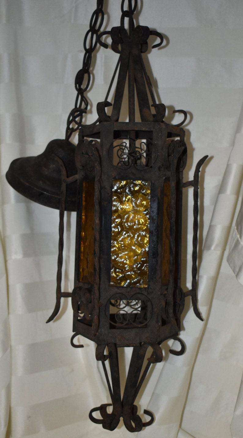 1930 Medieval Gothic Spanish Revival Wrought Iron Pendant Light Scrolled Chandelier w/Goldenrod Stained Glass Panels Home Décor Swag image 1