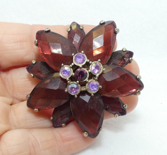 Vintage Purple Glass Flower Brooch, Silver Tone F… - image 1