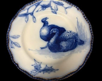 Antique Doulton Burglin England Turkey Plate, Blue Transferware Cabinet Plate, Gold Gilt Rim, Early 1900s Lot#1