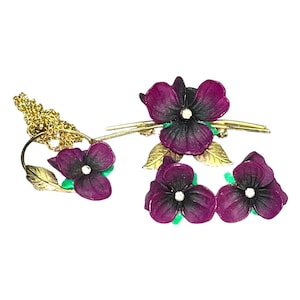 Vintage African Violet Jewelry Set, Celluloid, Rhinestone, Purple Violets, Earrings, Brooch, & Pendant Set, Mothers Day Violets