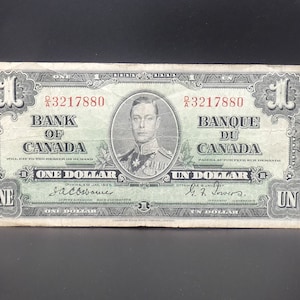 1937 Banque Du Canada One Dollar Bank of Canada, Bank Note, Collector Currency, King George VI, Gordon / Towers Lot #25