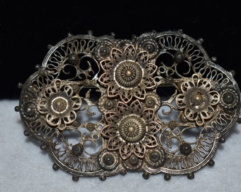 Vintage 1940’s Indo Craft Gold Tone Over-Sized Detailed Filigree Costume Brooch, Victorian Style Filigree Statement Brooch