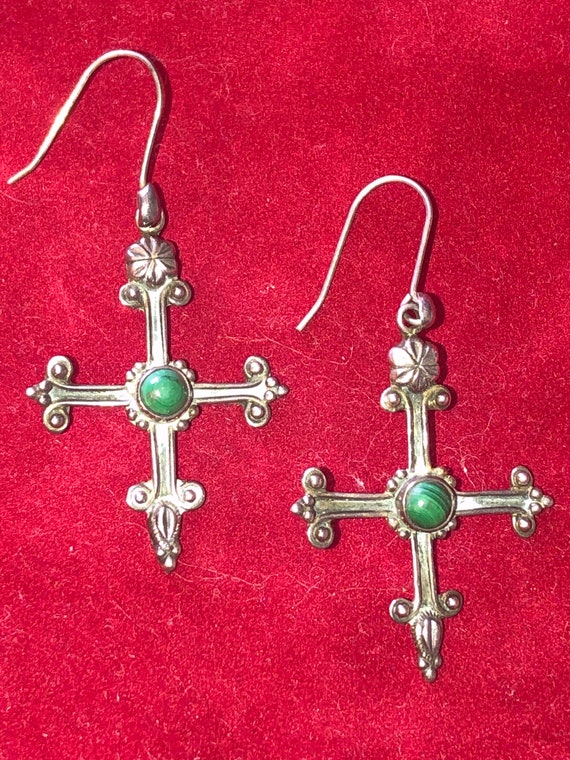 Malachite & 925 Sterling Cross Earrings