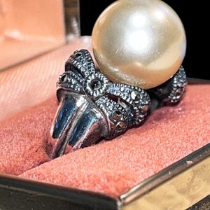 Estate Antique 12mm Golden South Sea Pearl Ring in Sterling Silver with Marcasite, Beautiful Golden S. Sea Pearl