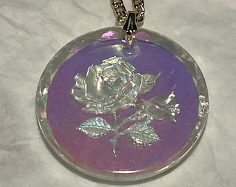 Vintage Carved Glass Rose Pendant Necklace, Germany, Mother’s Day glass rose pendant, gold chain.