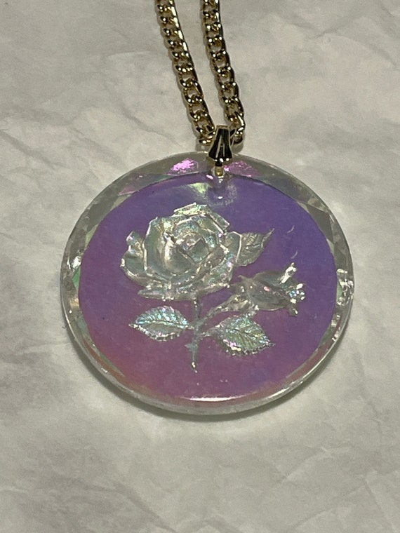 Vintage Carved Glass Rose Pendant Necklace, German