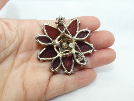 Vintage Purple Glass Flower Brooch, Silver Tone F… - image 3