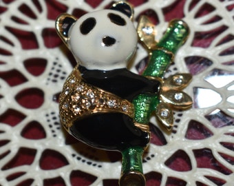Vintage Panda Bear Pin, Bambo, Enamel Black & White Panda Bear Brooch, Rhinestone
