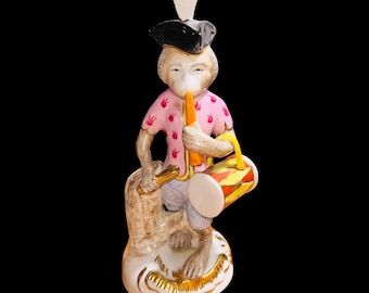 Vintage Porcelain Monkey Musician Figurine Drum & Horn, Singerie Style Hand Painted Statue