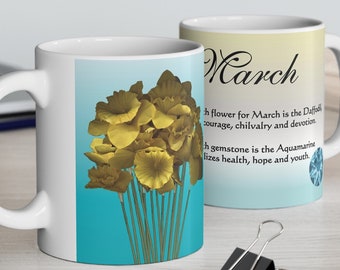 March Birthday Ceramic Mug 11oz, Birth Month Mug, Daffodil Mug, Aquamarine Mug