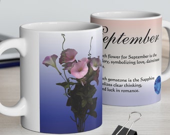 September Birthday Ceramic Mug 11oz, Birth Month Mug, Morning Glory Mug, Sapphire Mug