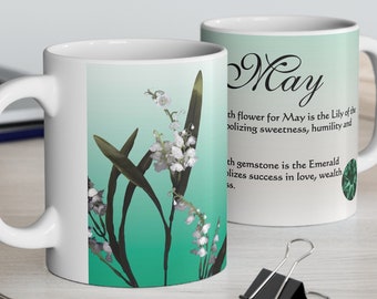 May Birthday Gift, Ceramic Mug 11oz, Birth Month Mug, Lily Mug, Emerald Mug