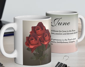 Juni verjaardag keramische mok 11oz, geboortemaand mok, Rose mok, parelmok