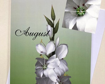 August Birthstone Card / August Birthday Card, August Flower Card, Gladiola Birthday Card, Peridot Birthday Card, Birth Month Card