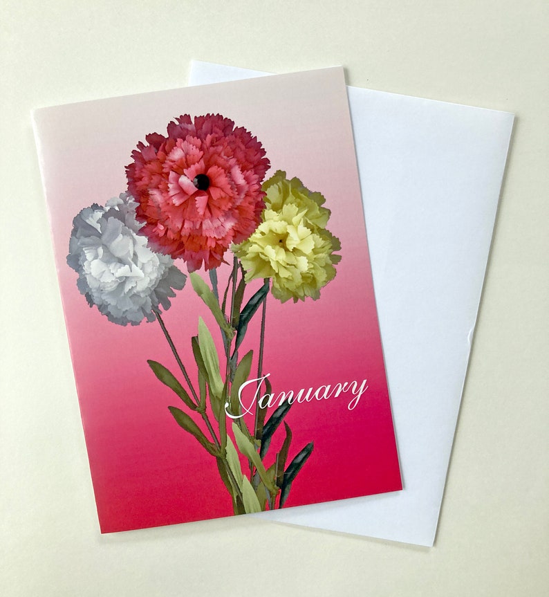 January Birthstone Card, January Birthday Card, January Flower Card, Carnation Birthday Card, Garnet Birthday Card, Birth Month Card image 2