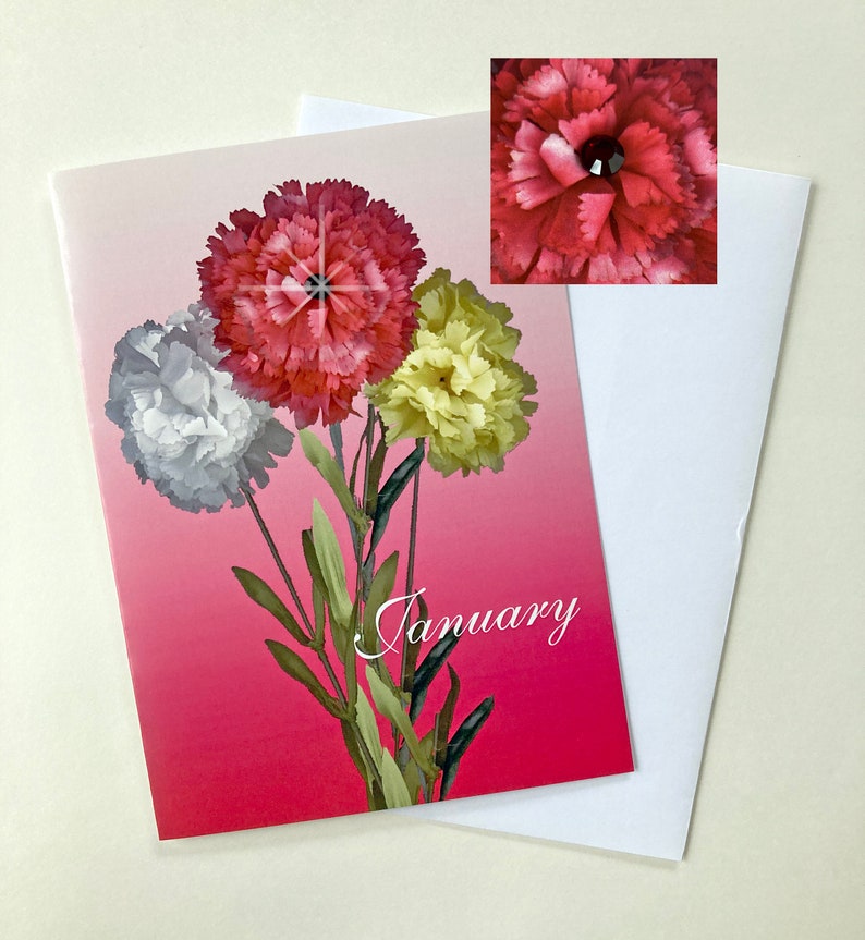 January Birthstone Card, January Birthday Card, January Flower Card, Carnation Birthday Card, Garnet Birthday Card, Birth Month Card image 1