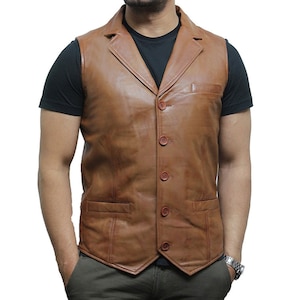 Men&#39;s Vintage Tan Smart Leather Waistcoat Designer Fit Slim - Vintage Waistcoat - Motorcycle Vest -Genuine Leather Vest - Cowboy Vests