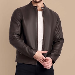 Men&#39;s Dark Brown Genuine Lambskin Slim Fit Biker Jacket, Men&#39;s White 100% Real Leather Motorcycle Jacket, Leather Jacket, Gift For Him