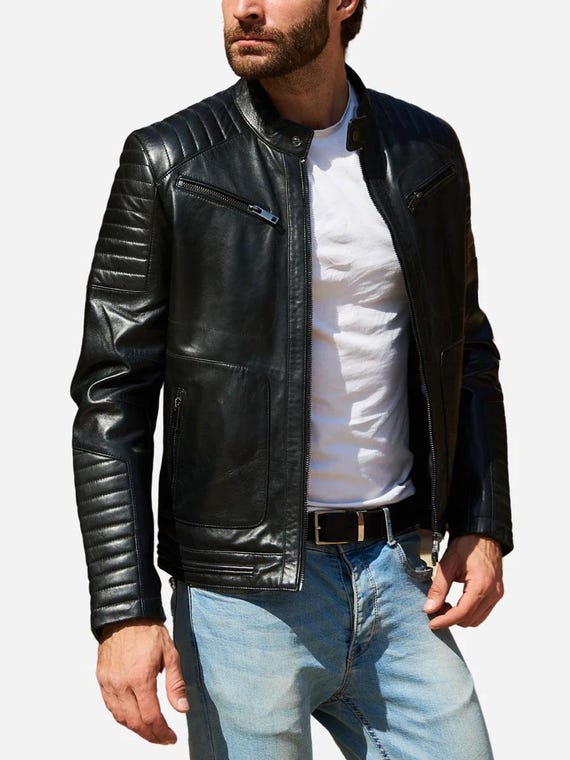 Men Designer Cafe Racer Leather Jacket With Quilted