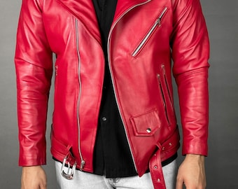 Men&#39;s Red Solid Casual Motorcycle Biker Leather Jacket, Men&#39;s Black Biker Jacket, Men&#39;s Red Leather Jacket, Gifts For Him, Gifts For Riders