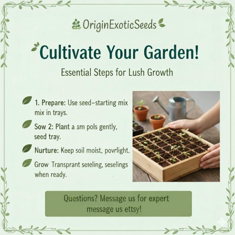Puede incluir: Imagen que promueve la jardiner&iacute;a con el texto "&iexcl;Cultiva tu jard&iacute;n!" y "Pasos esenciales para un crecimiento exuberante". Muestra una bandeja de madera con pl&aacute;ntulas, macetas peque&ntilde;as y una regadera. El texto proporciona instrucciones.