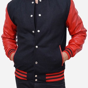 Black Body Leather Varsity Baseball Letterman College Bomber Jacket Real Leather Red Sleeves XS-4XL Leather Jacket Varsity Jacket Gift Her