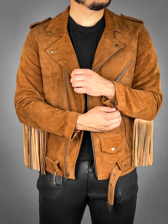 Mens leather fringe jacket western sales
